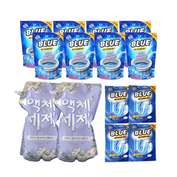 Combo: 8 gói Vệ sinh lồng giặt Blue + 2 túi nước giặt Blue (hương ngẫu nhiên) + 4 gói bột thông cống Blue