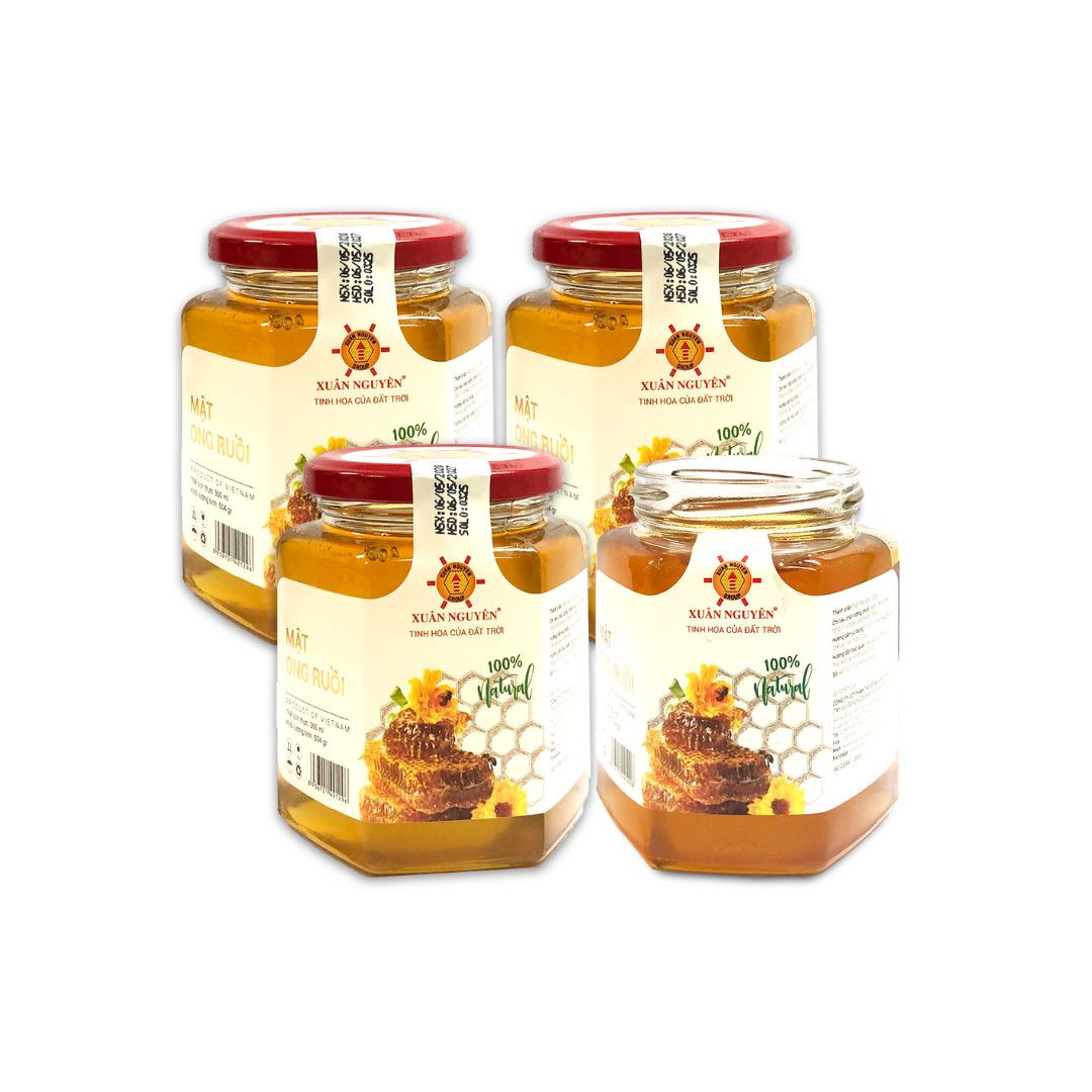 RC_Xuân nguyên_4 hũ Mật ong Ruồi nguyên chất 504gr tặng 2 chai mật ong hoa Nhãn da bò 350 ml