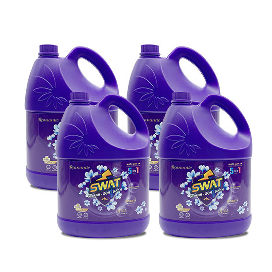 SWAT -  4 can giặt xả Romantic 3,8kg - Tặng 1 lau sàn Swat Hoàng Lan 1L + 1 rửa chén Swat Chanh 750g + 1 tẩy Toilet Swat siêu sạch 600ml+ 1 nước tẩy trắng Javel 1L+ 1 chai chất làm sạch, bóng thiết bị nhà bếp Green World 300 ml