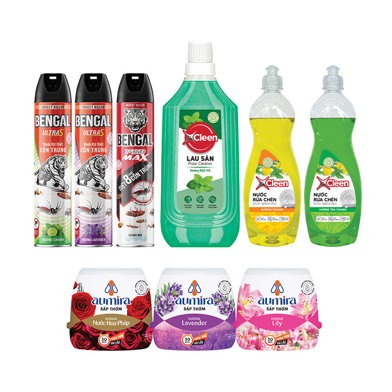 Nhật Minh - Combo 3 chai xịt côn trùng (3 hương) 500ml + 3 hộp sáp thơm 180g ( Lavender - Nước Hoa Pháp - Lily ) + 1 chai lau sàn – 1L ( Bạc Hà ) + 2 chai nước rửa chén-750g ( 1 Chanh 1 trà xanh ) - Tặng 1 lau kính 520ml, 1 xịt đa năng 520 ml, 2 xịt phòng 280ml