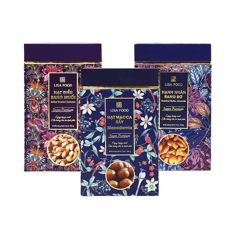LisaFood - Combo 1 hộp hạt macca 250g + 1 hộp hạnh nhân rang bơ 250g + 1 hộp hạt điều 250g tặng 2 gói khô gà 50g/ gói