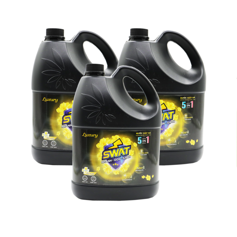 SWAT - 3 can nước giặt xả Luxury (5kg/can) - Tặng 1 túi nước xả vải Swat (1,2l /túi hương ngẫu nhiên) + 1 chai nước rửa chén 730ml