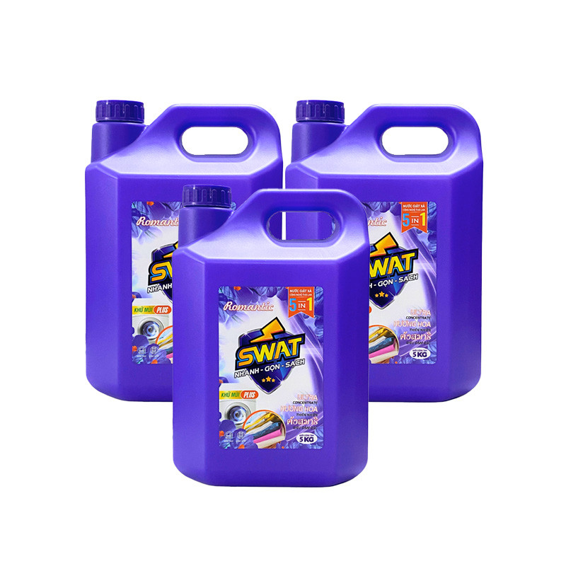 SWAT - Combo 3 can nước giặt xả Romantic (5kg/can) - Tặng 1 túi nước xả vải Swat (1,2kg /túi hương ngẫu nhiên) + 1 chai nước rửa chén 730ml + 1 túi nước rửa chén nhiệt đới 500g