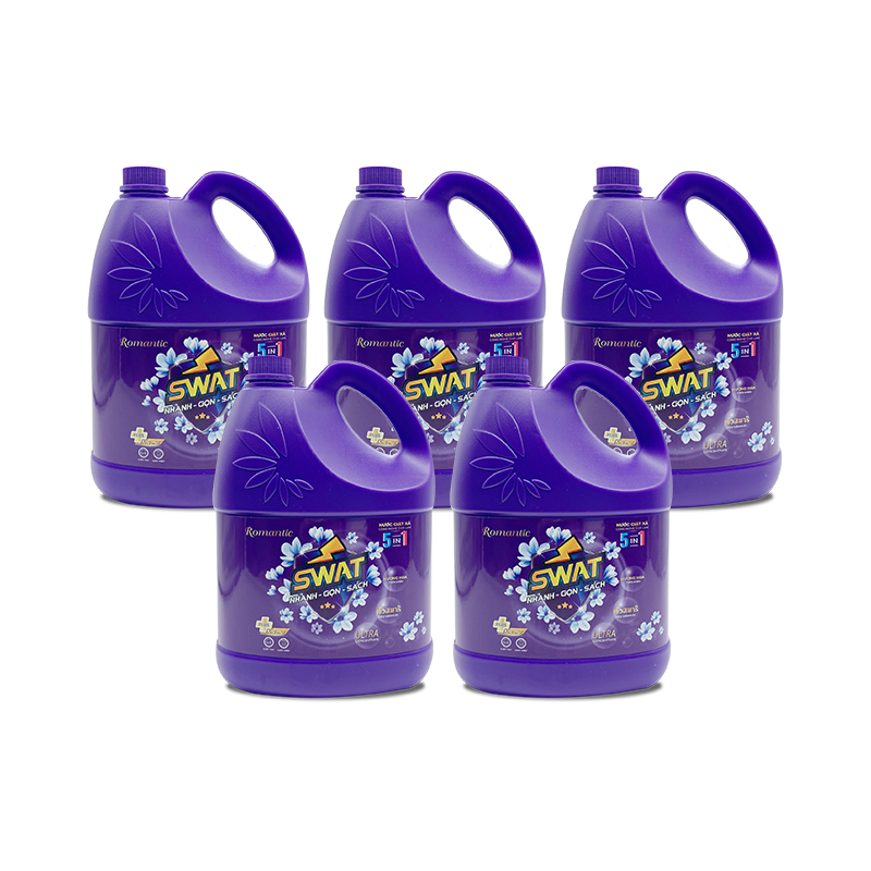 SWAT - Combo 5 can nước giặt romantic 3,8kg - Tặng 1 túi nước xả vải 1,2l (ngẫu nhiên) + 1 nước rửa chén nhiệt đới 500gr + 1 lau kính swat sắc biển 580ml