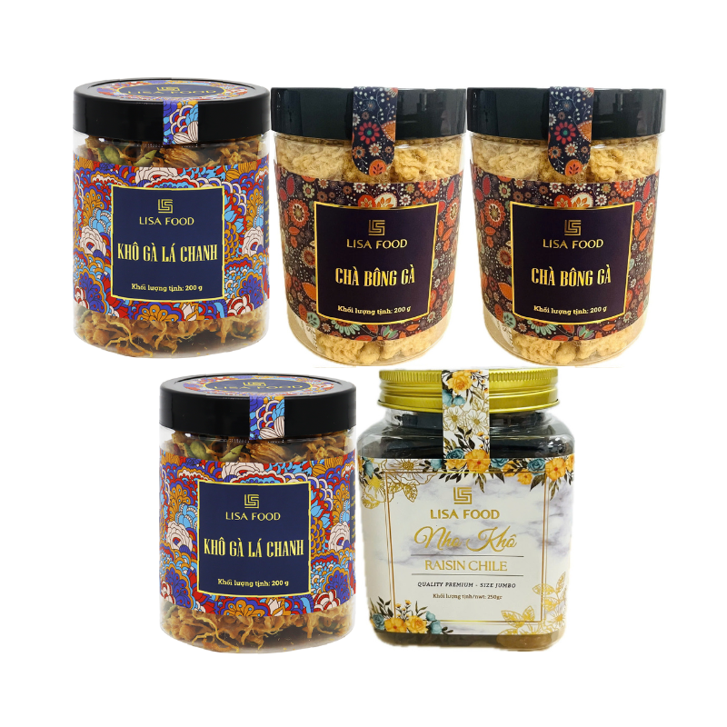 LisaFood - Combo 2 hũ khô gà lá chanh 200g LisaFood + 2 hũ chà bông gà 200g LisaFood + 1 hũ nho khô Chile 250g LisaFood