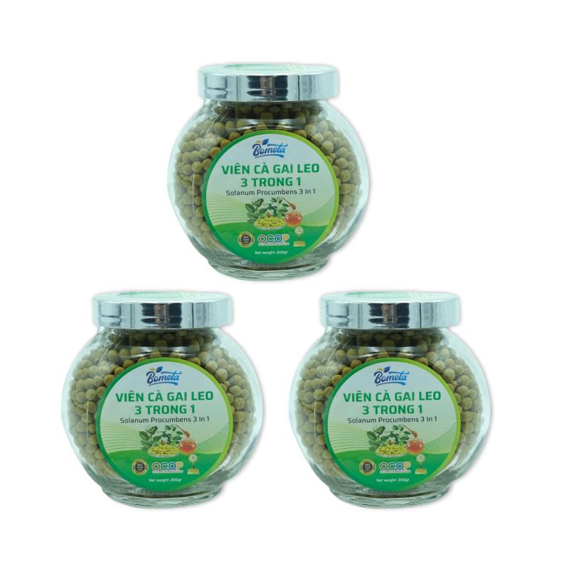 BOMETA - 3 hũ Viên Cà Gai Leo 3 trong 1 (200g/ hũ) - Tặng 2 hộp trà mát gan Bometa (Hộp 30 túi x 3gr)