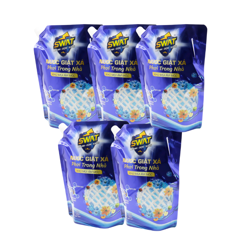 Swat - Combo 5 túi nước giặt phơi trong nhà 3,5kg + 1 túi nước xả vải 1,2l +  1 túi Nước giặt xả SWAT hương ngàn hoa 1.8kg