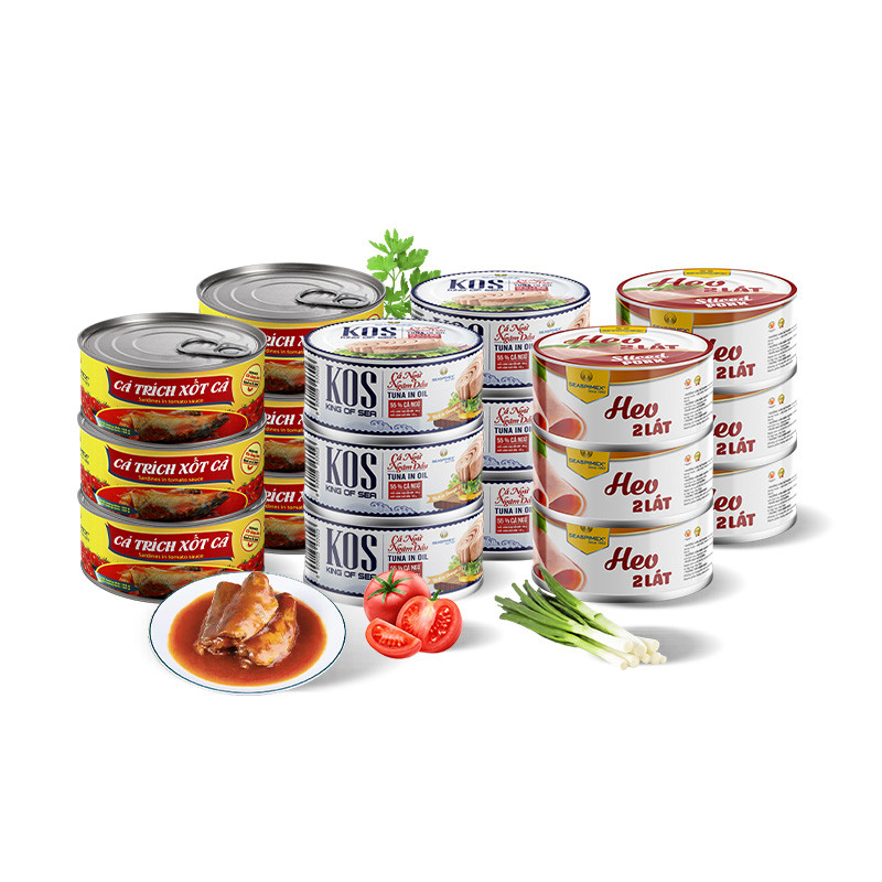 SEASPIMEX - Combo 6 lon cá trích số cà 185g/lon + 6 lon cá ngừ ngâm dầu 185g/lon + 6 lon heo hai lát 160g/lon