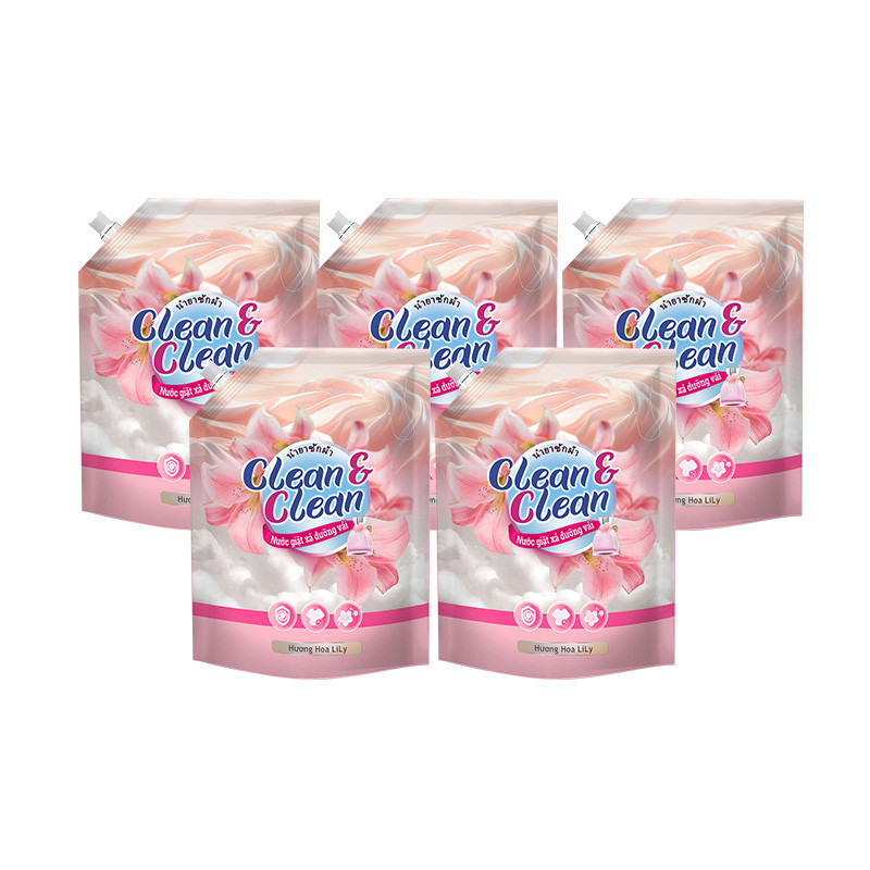 RC - Clean & Clean - 5 túi nước giặt xả 3.2L hương hoa Lily tặng 2 bột tẩy lồng giặt + 1 túi nước giặt 3.2L + 1 Lau sàn Blue 1L