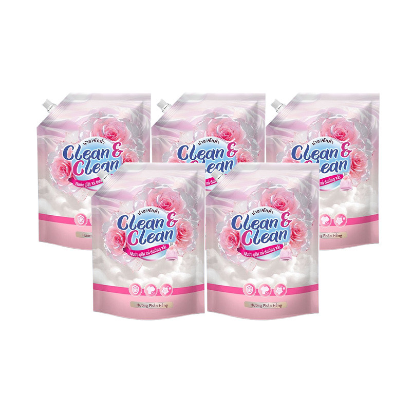 RC - Clean & Clean - 5 túi nước giặt xả 3.2L hương phấn hồng tặng 2 bột tẩy lồng giặt + 1 túi nước giặt 3.2L + 1 Lau sàn Blue 1L