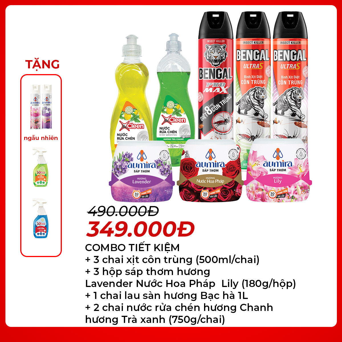 Nhật Minh - 3 chai xịt côn trùng (3 hương) 500ml + 3 hộp sáp thơm 180g ( Lavender - Nước Hoa Pháp - Lily ) + 1 chai lau sàn – 1L ( Bạc Hà )+2 chai nước rửa chén-750g ( 1 Chanh 1 trà xanh ) Tặng 1 lau kính 520ml, 1 xịt đa năng 520 ml, 2 xịt phòng 280ml