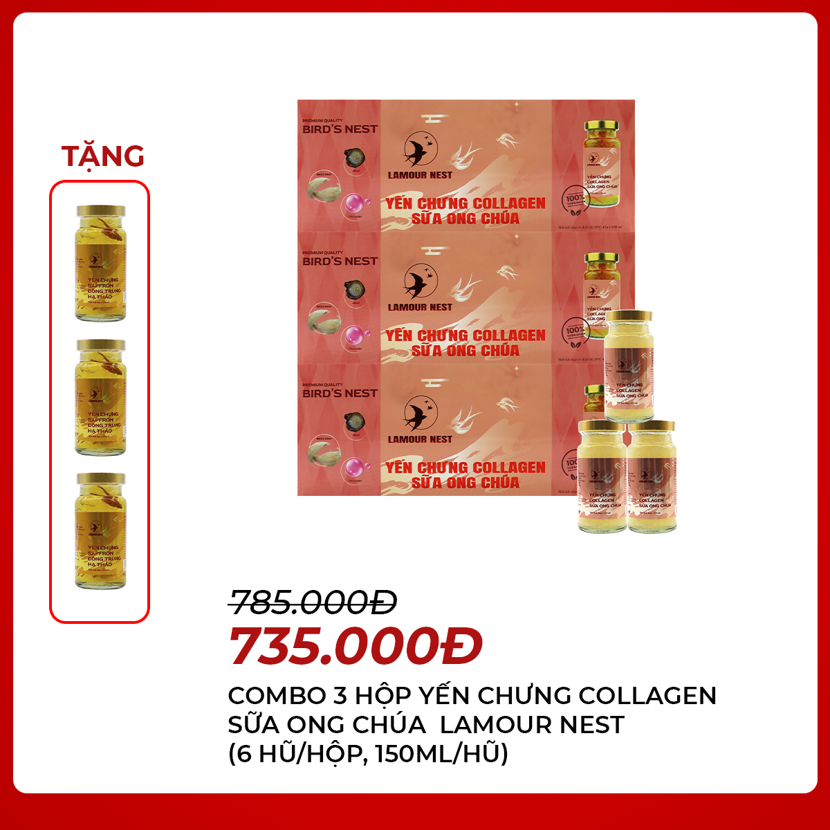 Lamour Nest - Combo 3 hộp Yến chưng Collagen sữa ong chúa (6 hũ/hộp, 150ml/hũ) - Tặng 3 hũ Yến chưng Saffron đông trùng hạ thảo