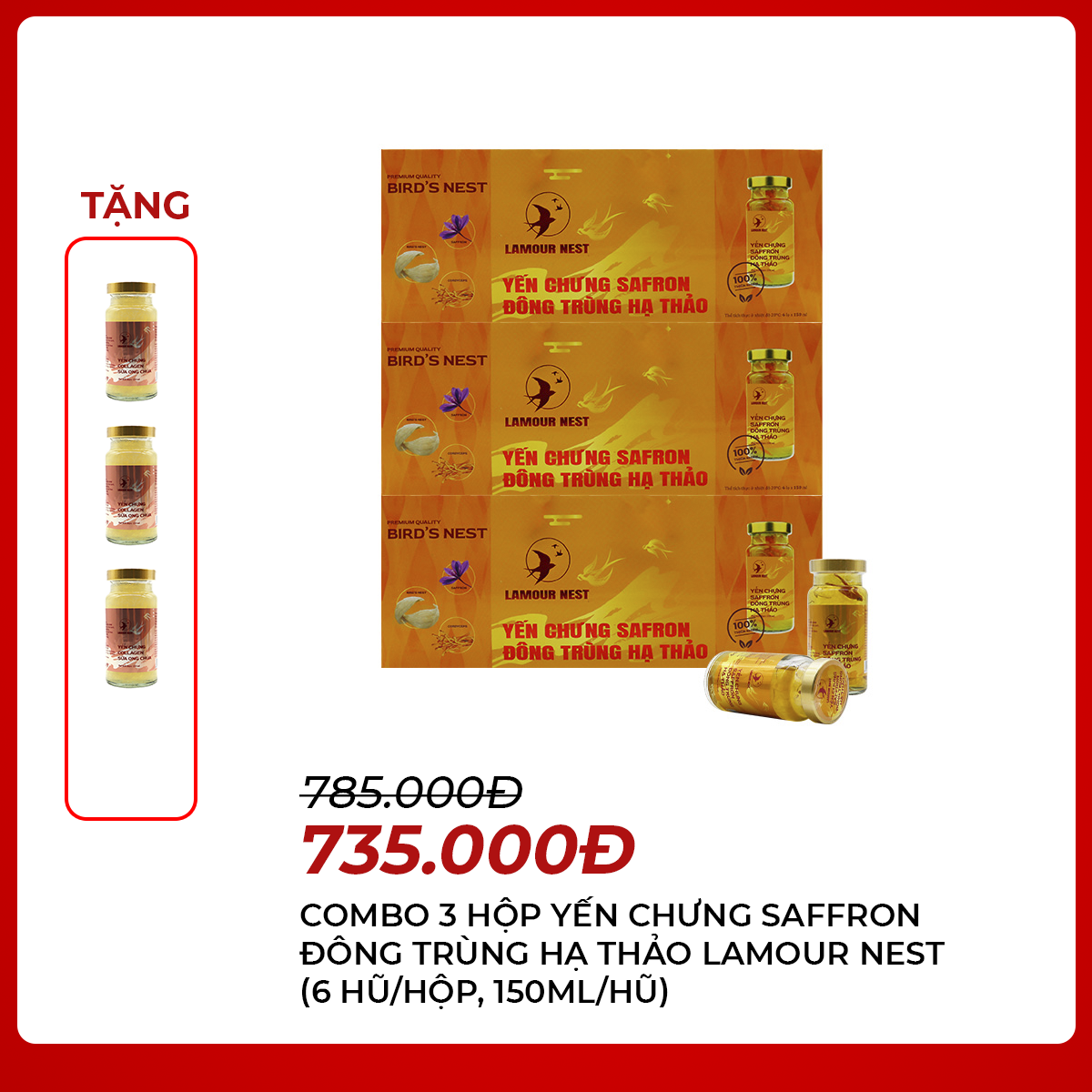 Lamour Nest - Combo 3 hộp Yến chưng Saffron đông trùng hạ thảo (6 hũ/hộp, 150ml/hũ) - Tặng 3 hũ yến 150ml/hũ Yến chưng Collagen sữa ong chúa