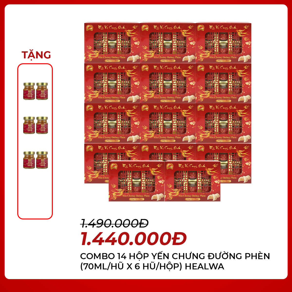 HEALWA - Combo 14 hộp yến chưng đường phèn  (70ml/hũ x 6 hũ/hộp) tặng 6 hũ yến chưng collagen lựu đỏ 70ml/hũ