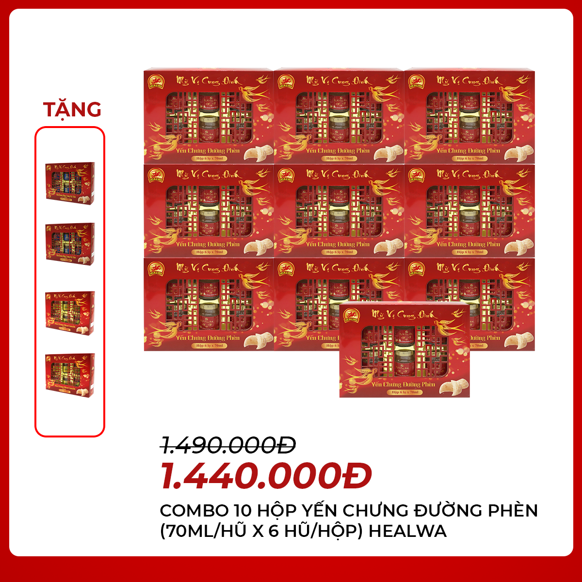 HEALWA -  Combo 10 hộp yến chưng đường phèn  (70ml/hũ x 6 hũ/hộp) tặng 2 hộp yến chưng đông trùng hạ thảo (70ml/hũ x 6 hũ/hộp) và 2 hộp yến chưng sâm Canada (70ml/hũ x 6 hũ/hộp)