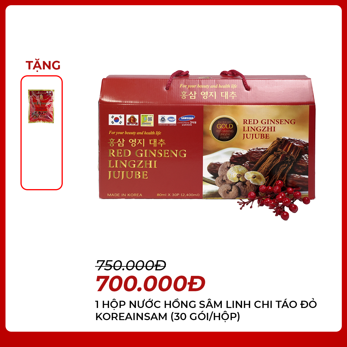 TPN – 1 Hộp Nước Hồng Sâm Linh Chi Táo Đỏ KOREAINSAM (30 gói/hộp) - Tặng 1 kẹo sâm cứng KOREAINSAM 200gr