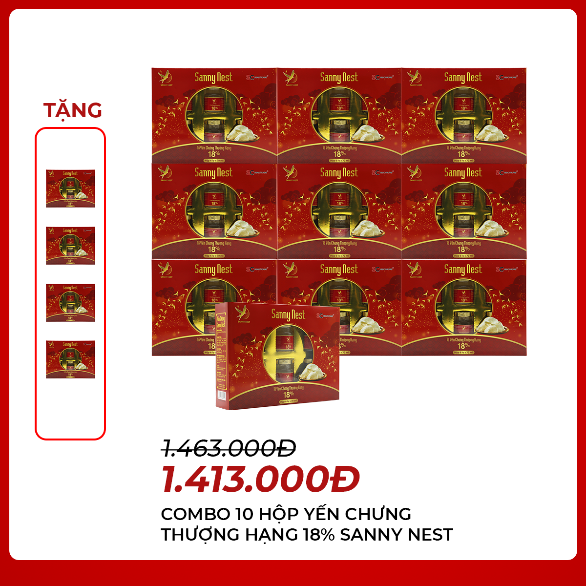 SannyNest - Combo 10 hộp yến chưng thượng hạng 18% - Tặng 4 hộp cùng loại