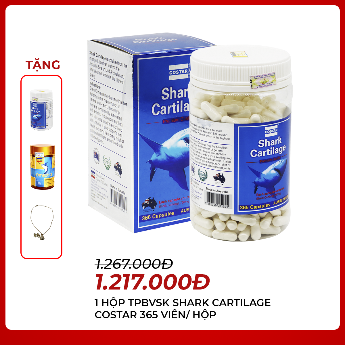 COSTAR - 1 hộp TPBVSK (viên uống sụn cá mập) Shark Cartilage 365 viên/ hộp - Tặng 1 hộp TPBVSK Shark Cartilage 120 viên/ hộp + 1 hộp TPBVSK dầu cá OMEGA 3 100viên/ hộp + 1 bộ trang sức ( vòng cổ + hoa tai)