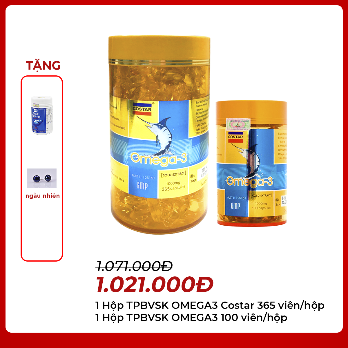 Costar - 1 Hộp TPBVSK OMEGA3 365 viên/hộp + 1 Hộp TPBVSK OMEGA3 100 viên/hộp - Tặng 1 Hộp TPBVSK Shark Cartilage 750mg (120 viên/hộp) + 1 đôi hoa tai ngọc trai (ngẫu nhiên)