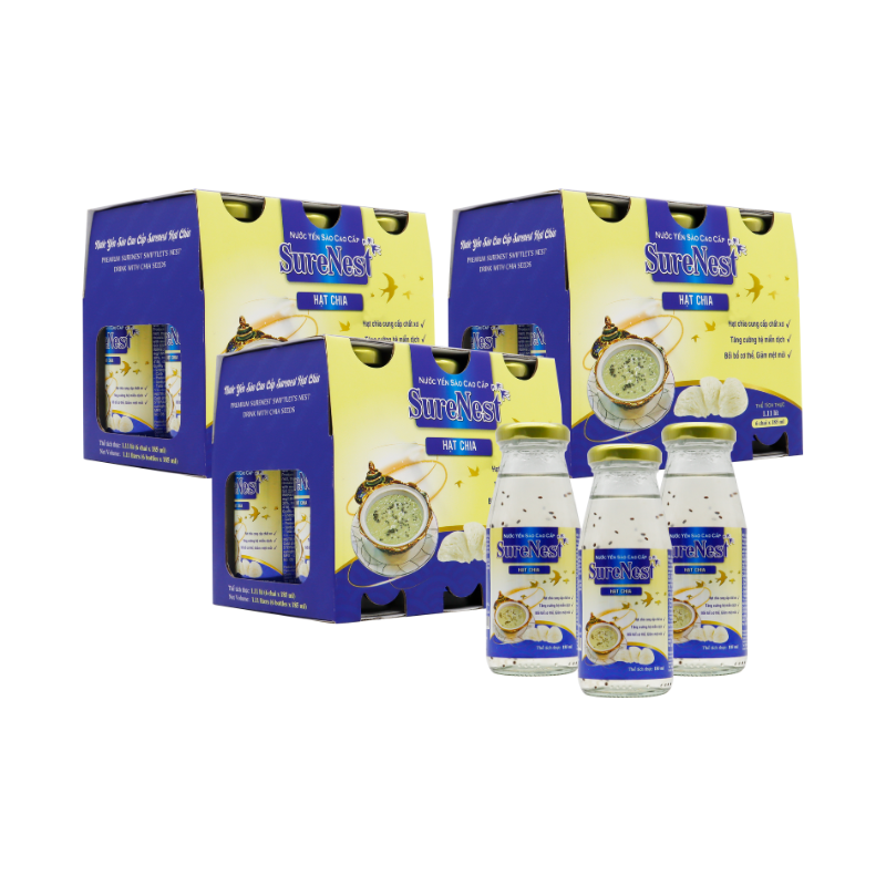 SureNest - COMBO 3 Hộp yến hạt chia 185ml (6 chai/hộp) - Tặng 1 hộp (6 chai) yến đông trùng hạ thảo 185ml