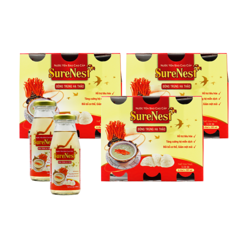 SureNest - Combo 3 Hộp yến đông trùng hạ thảo 185ml (6 chai/hộp) - Tặng 1 hộp (6 chai) yến hạt chia 185ml