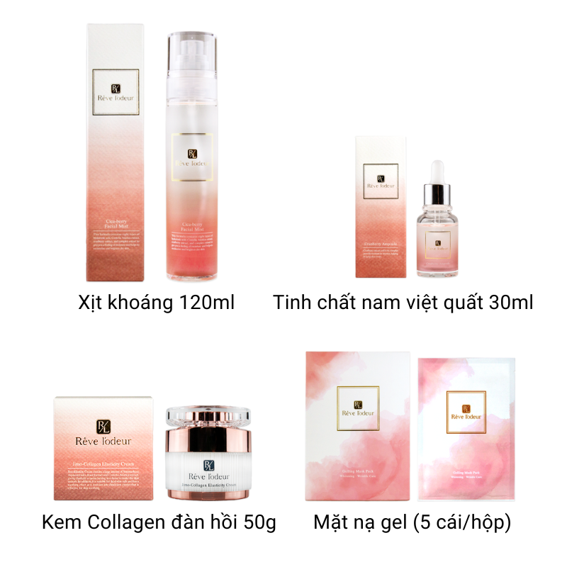 [SET] Bộ Reve lodeur Cica-berry Xịt khoáng làm dịu da mặt 120ml * 1 chai + Reve lodeur Ampoule Tinh chất nam việt quất  30ml * 1 chai + Reve lodeur Jimo-Collagen Kem đàn hồi 50g * hộp + Reve lodeur Tấm mặt nạ gel (5 cái/hộp)