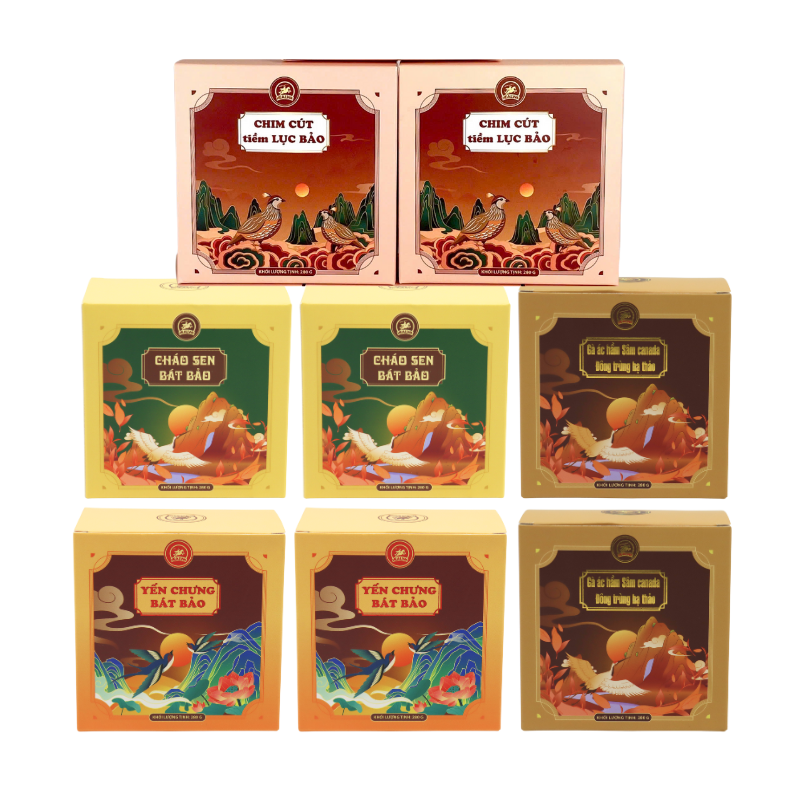 REC - PK - HEALWA - 2 yến chưng bát bảo (280gr/hộp) + 2 gà ác hầm sâm Canada đông trùng hạ thảo (280gr/hộp) + 2 chim cút tiềm lục bảo (280gr/hộp) + 2 cháo sen bát bảo tặng 6 hũ yến chưng đường phèn 22% (70ml/hũ)