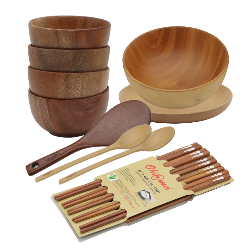 RC-Ohiama-Bộ bàn ăn bằng gỗ (gồm: 4 chén cơm, 1 tô canh, 1 dĩa + 1 vá +2 muỗng súp + 1 bộ đũa gỗ 10 đôi)