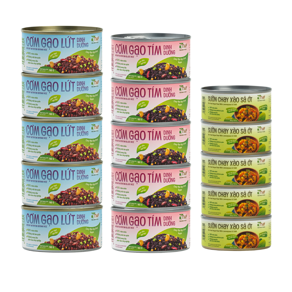 REC - Tâm Minh - 5 Hộp cơm gạo lứt dinh dưỡng 160g + 5 Hộp cơm gạo tím dinh dưỡng 160g + 5 Hộp Sườn chay xào sả ớt 100g