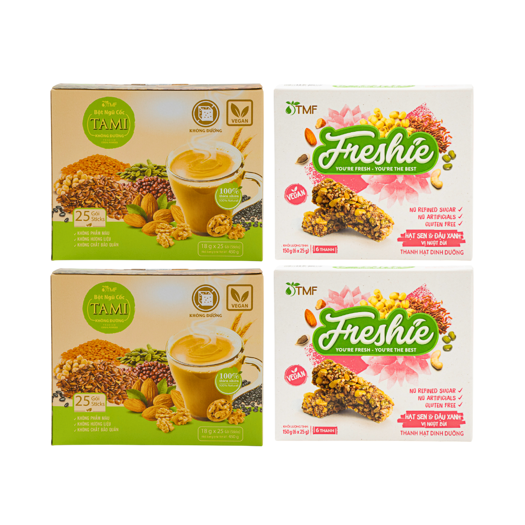 REC - Tâm Minh - 2 Hộp bột ngũ cốc Tami 450g không đường (25 gói x 18g / hộp) + 2 Hộp thanh hạt dinh dưỡng Freshie Hạt Sen & Đậu xanh 150g (6 gói x 25g /hộp)