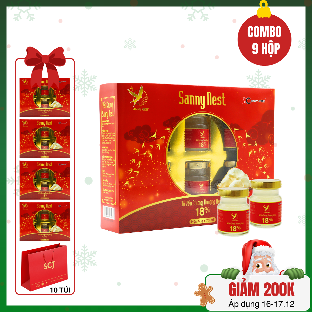 REC-SannyNest-9 hộp yến chưng thượng hạng 18% Sanny Nest tặng 4 hộp cùng loại + 10 túi giấy SCJ 35x28x10cm