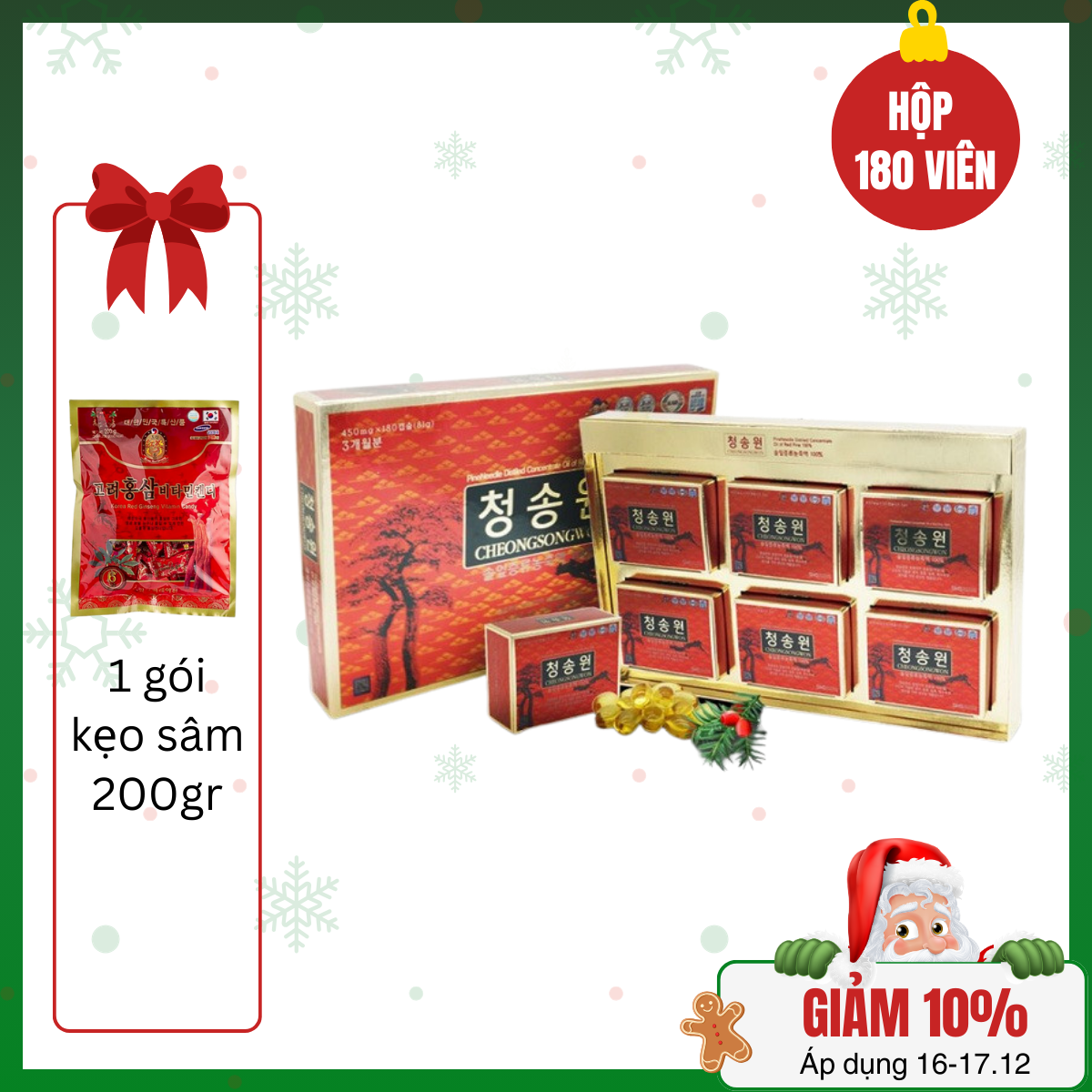 CheongSongWon - 1 hộp TPBVSK Tinh dầu thông CHEONGSONGWON 180 viên/hộp (30 viên x 6 hộp) - Tặng 1 gói kẹo sâm 200gr