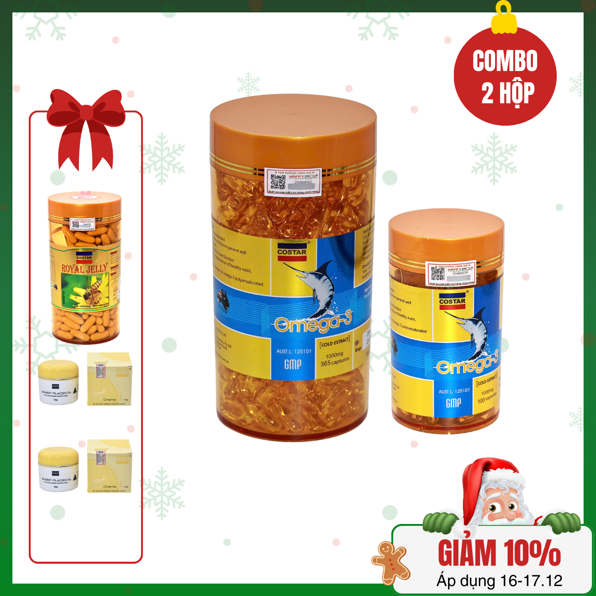 Costar - 1 Hộp TPBVSK OMEGA3 365 viên/hộp + 1 Hộp TPBVSK OMEGA3 100 viên/hộp - Tặng 1 Hộp TPBVSK Shark Cartilage 750mg (120 viên/hộp) + 1 đôi hoa tai ngọc trai (ngẫu nhiên)