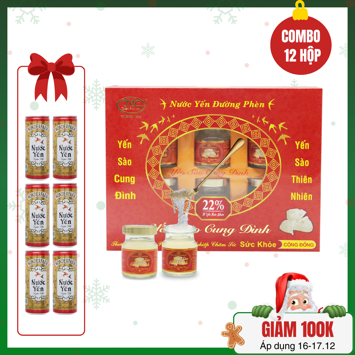 Rec-Cung Đình-12 hộp nước yến sào đường phèn Tổ yến 22% - Thương hiệu yến sào Cung Đình và 6 lon yến ngân nhĩ