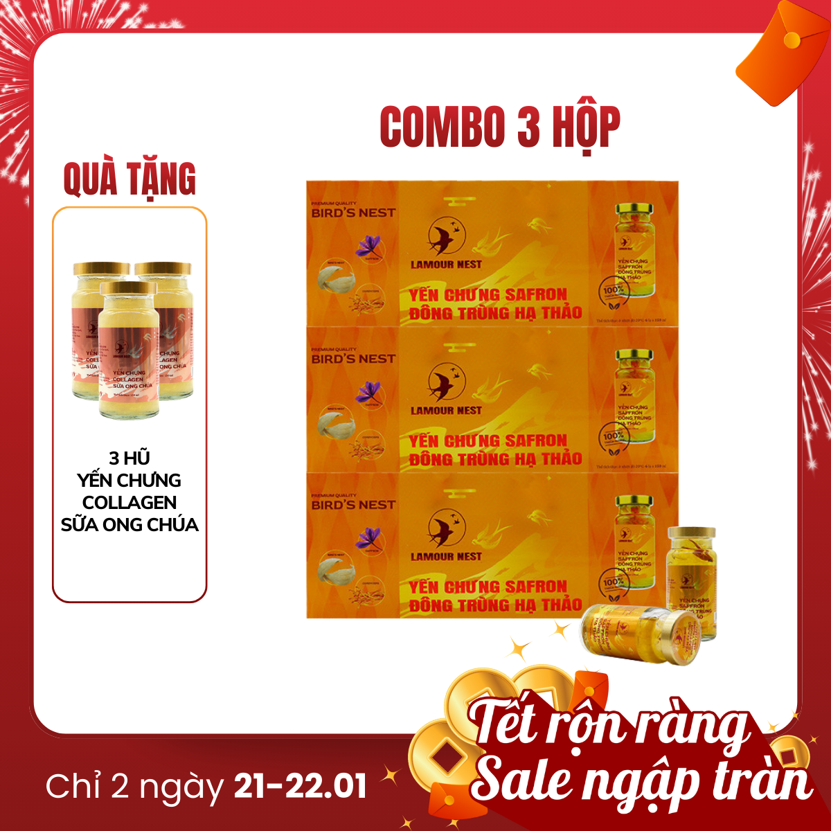 Lamour Nest - Combo 3 hộp Yến chưng Saffron đông trùng hạ thảo (6 hũ/hộp, 150ml/hũ) - Tặng 3 hũ yến 150ml/hũ Yến chưng Collagen sữa ong chúa