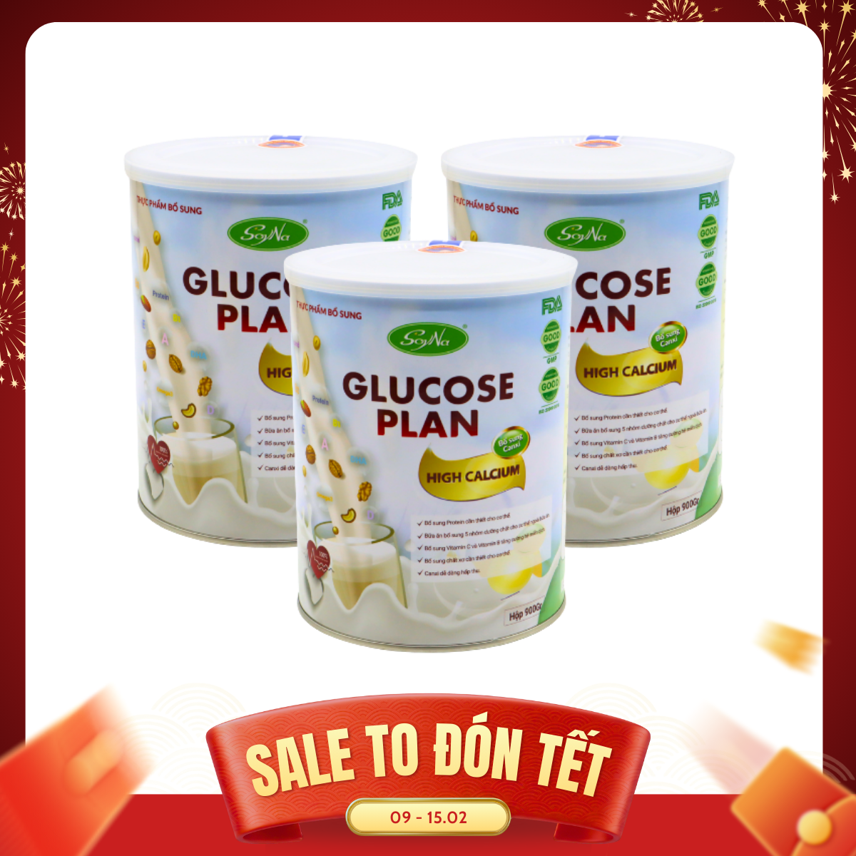 REC - SoyNa - 3 Hộp TPBS Glucose Plan Highcalcium (Bổ sung Canxi) 900gram
