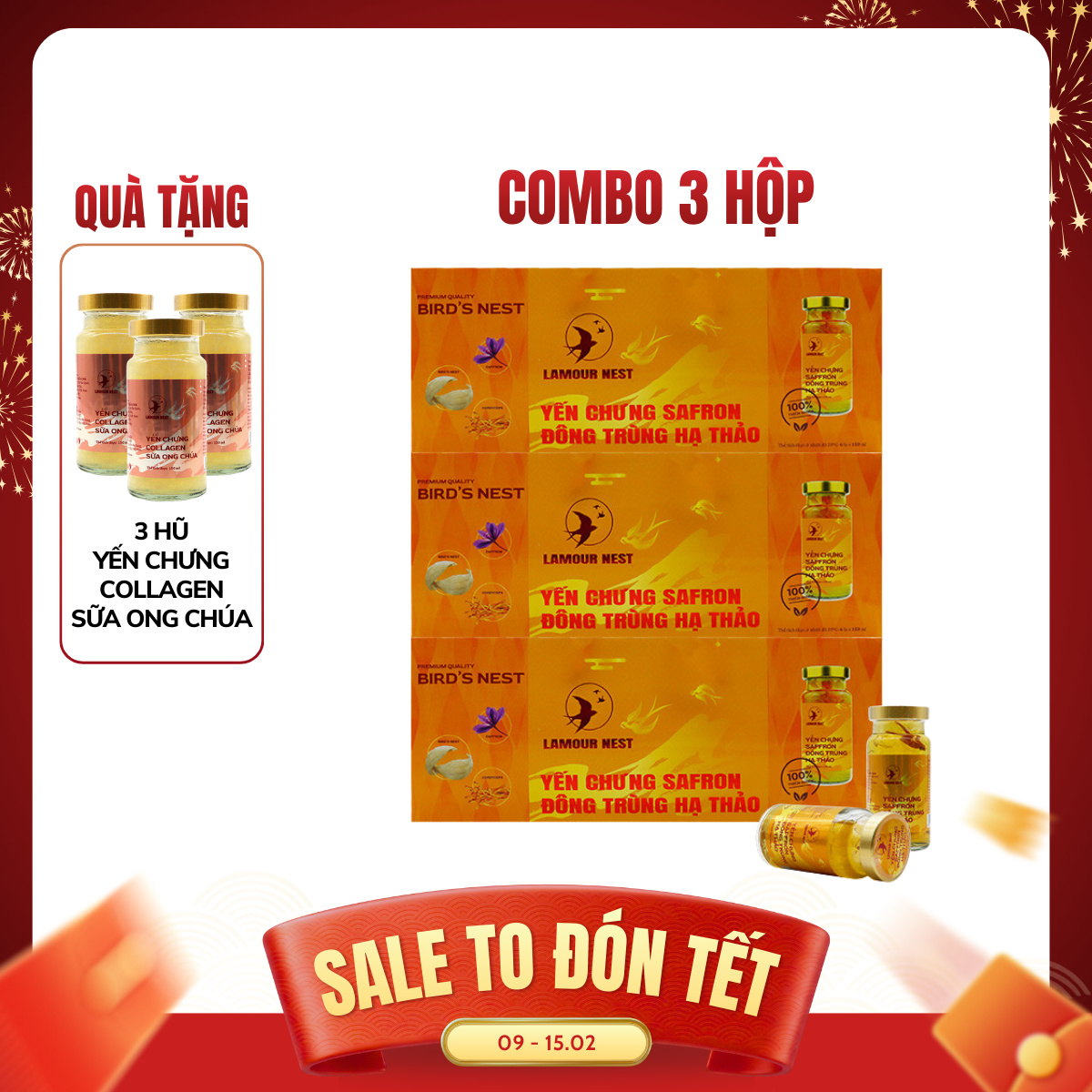 Lamour Nest - Combo 3 hộp Yến chưng Saffron đông trùng hạ thảo (6 hũ/hộp, 150ml/hũ) - Tặng 3 hũ yến 150ml/hũ Yến chưng Collagen sữa ong chúa