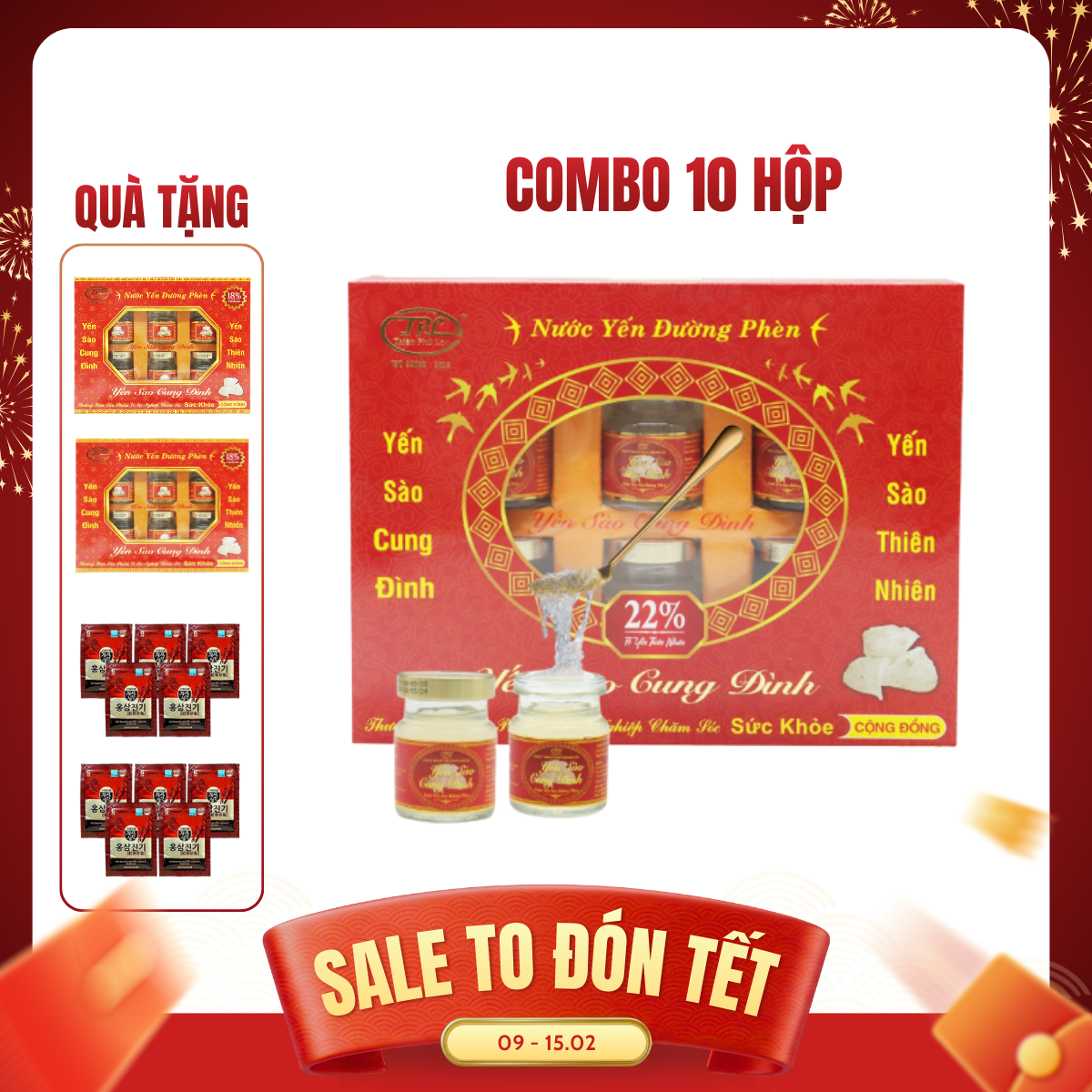 Rec-Cung Đình_10 hộp yến sào đường phèn 22% + 2 hộp nước yến sào đường phèn 18% tặng 10 gói Hồng sâm nước
