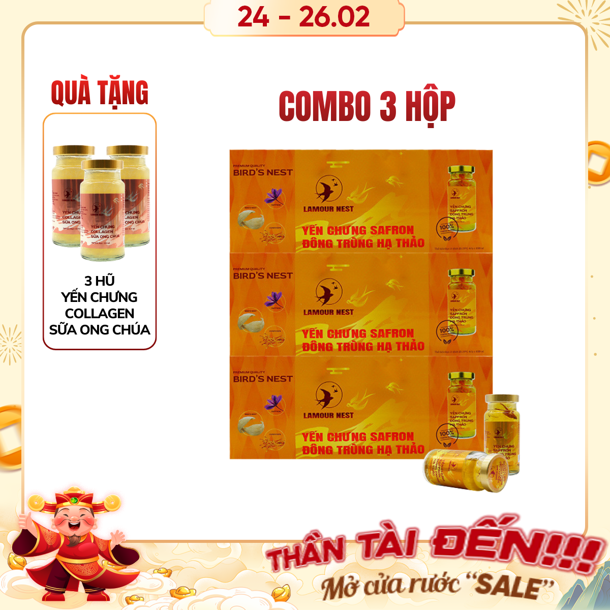 Lamour Nest - Combo 3 hộp Yến chưng Saffron đông trùng hạ thảo (6 hũ/hộp, 150ml/hũ) - Tặng 3 hũ yến 150ml/hũ Yến chưng Collagen sữa ong chúa