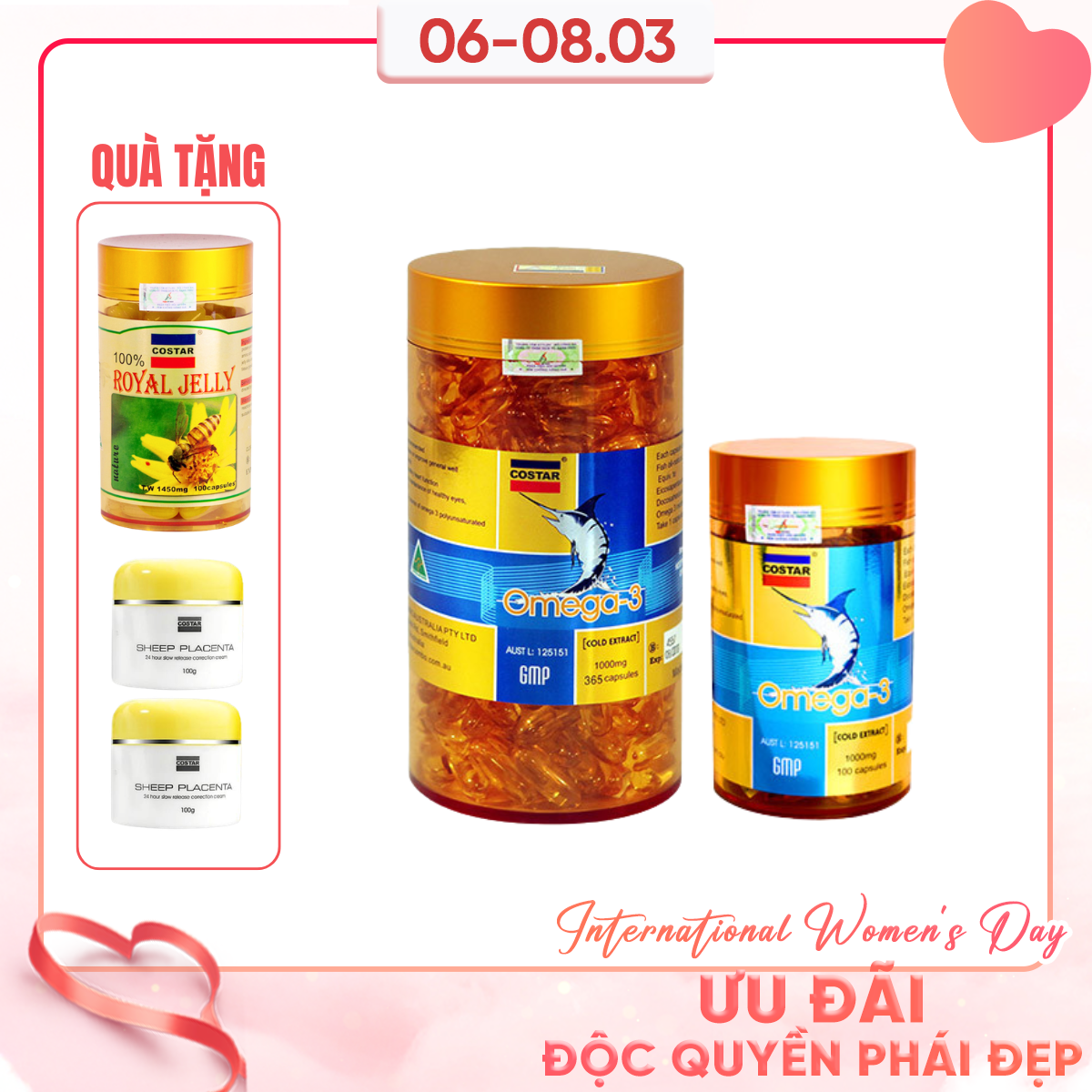 RC - Costar - 1 Hộp TPBVSK OMEGA3 365 viên/hộp +1 Hộp TPBVSK OMEGA3 100 viên/hộp + 1 Hộp TPBVSK Costar Royal Jelly (100 viên/hộp) + 2 Kem dưỡng trắng Costar Sheep Placenta 100gr/hộp