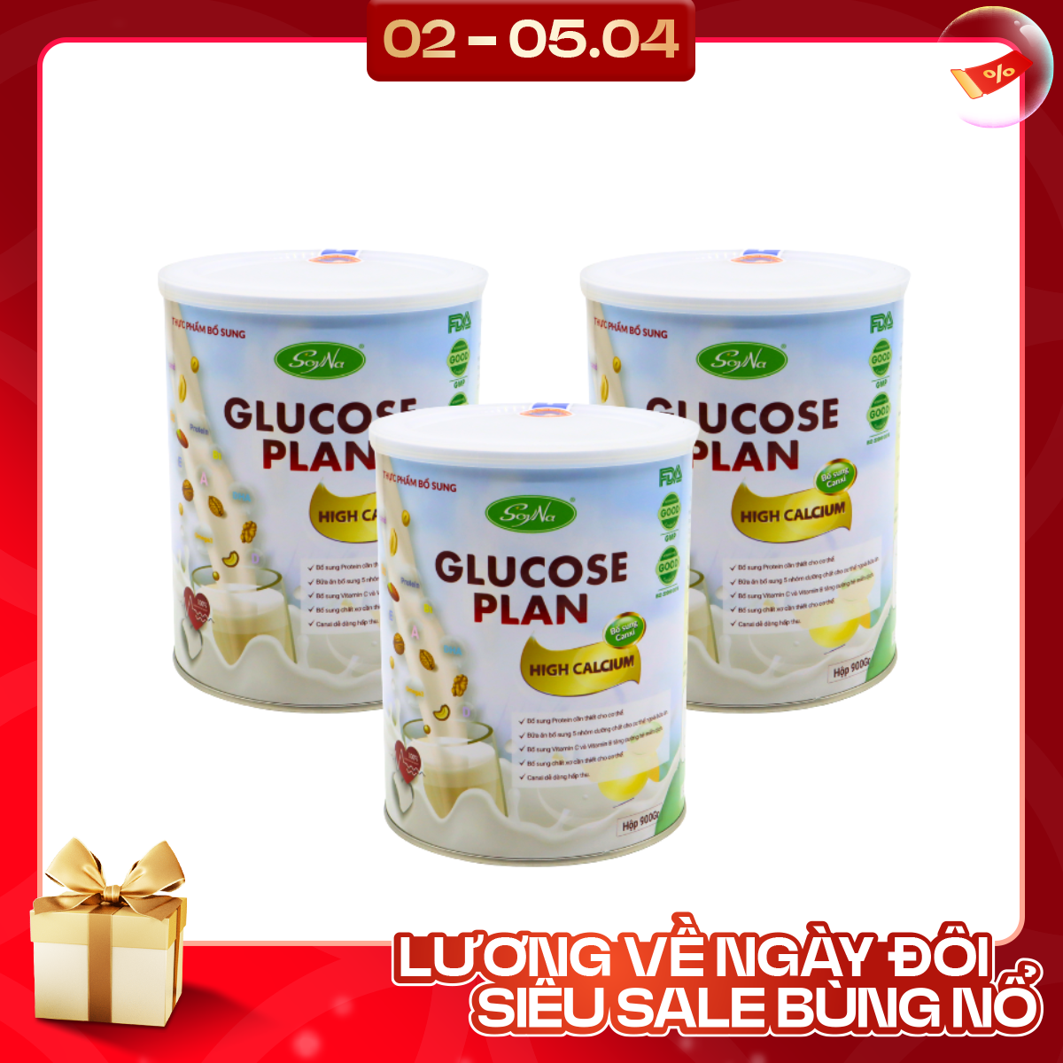 REC - SoyNa - 3 Hộp TPBS Glucose Plan Highcalcium (Bổ sung Canxi) 900gram