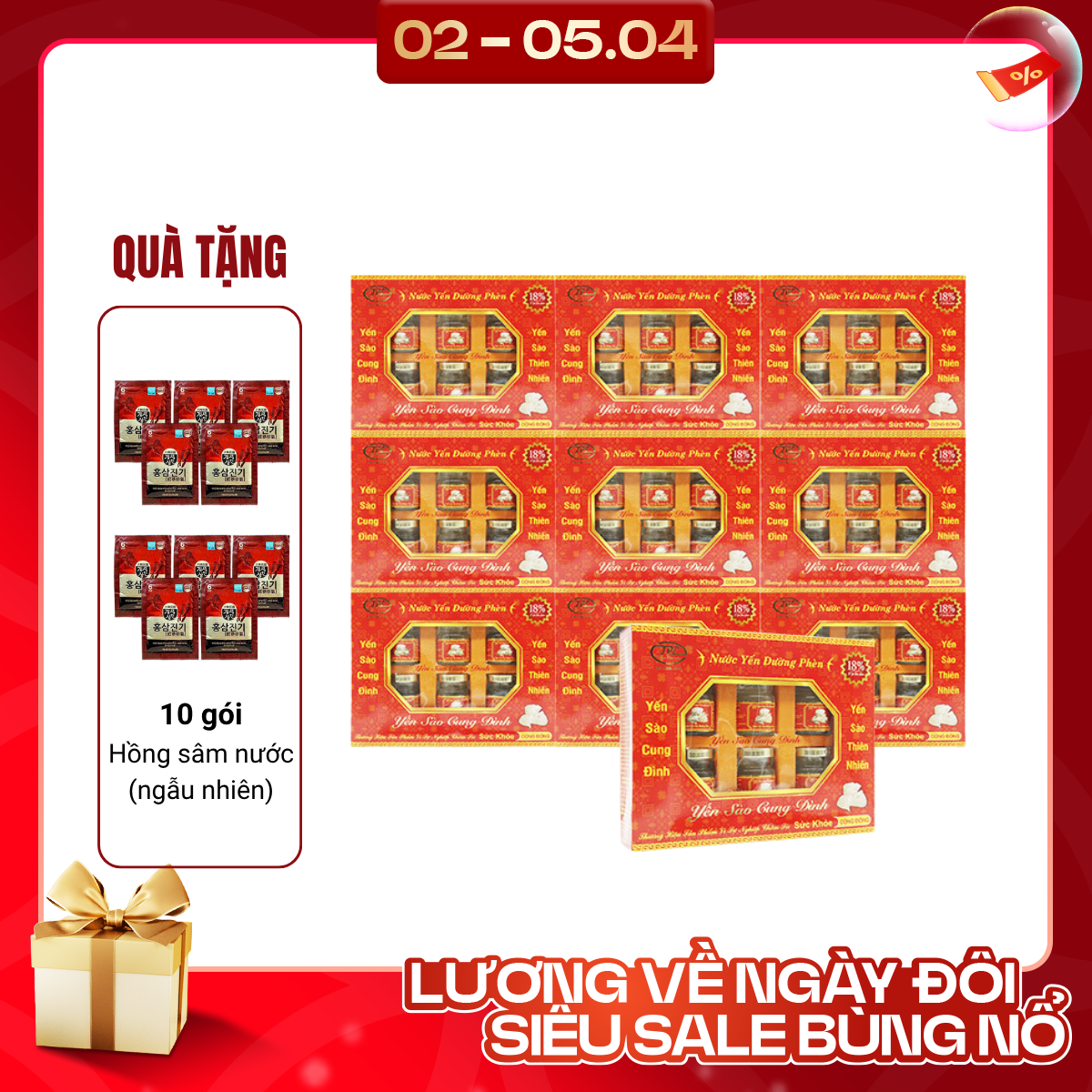 RC-CungĐình-10 hộp yến sào đường phèn18% + 10 gói Hồng sâm nước (ngẫu nhiên)