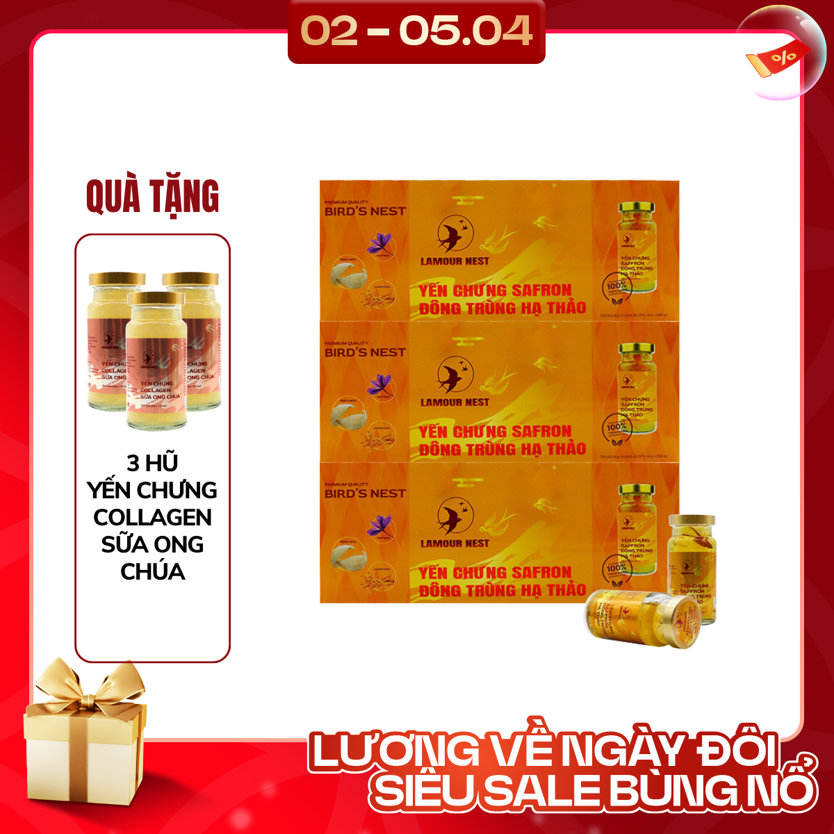 Lamour Nest - Combo 3 hộp Yến chưng Saffron đông trùng hạ thảo (6 hũ/hộp, 150ml/hũ) - Tặng 3 hũ yến 150ml/hũ Yến chưng Collagen sữa ong chúa