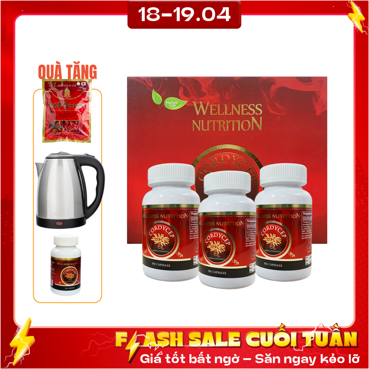 Nature Gift - Bộ 3 Hộp TPBVSK Wellness Nutrition (viên uống đông trùng hạ thảo) 90 viên/ hộp-  Tặng 1 hộp cùng loại  + 1 ấm đun + 1 gói kẹo sâm