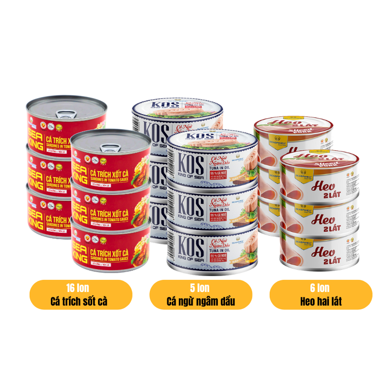 REC_SEASPIMEX_16 lon cá trích sốt cà 185g/lon + 5 lon cá ngừ ngâm dầu 185g/lon + 6 lon heo hai lát 160g/lon