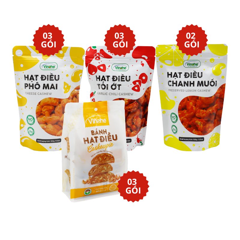 Rec_VINAHE_Combo 03 gói hạt điều phô mai (100g/gói) + 03 gói hạt điều tỏi ớt (100g/gói) + 3 gói bánh hạt điều Cashewpie (200g/gói) + 02 gói hạt điều chanh muối (100g/gói)