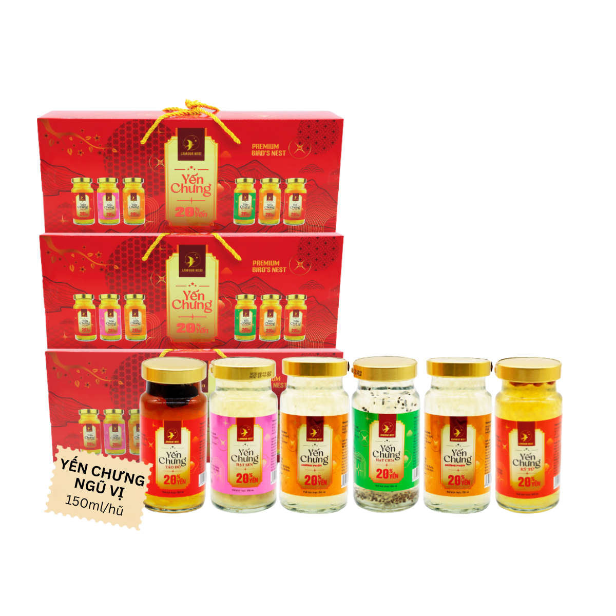 REC - Lamour Nest - Combo 3 hộp Yến chưng ngũ vị (150ml/hũ)  tặng 2 hũ mật ong DTHT 70ml/hũ (new2)