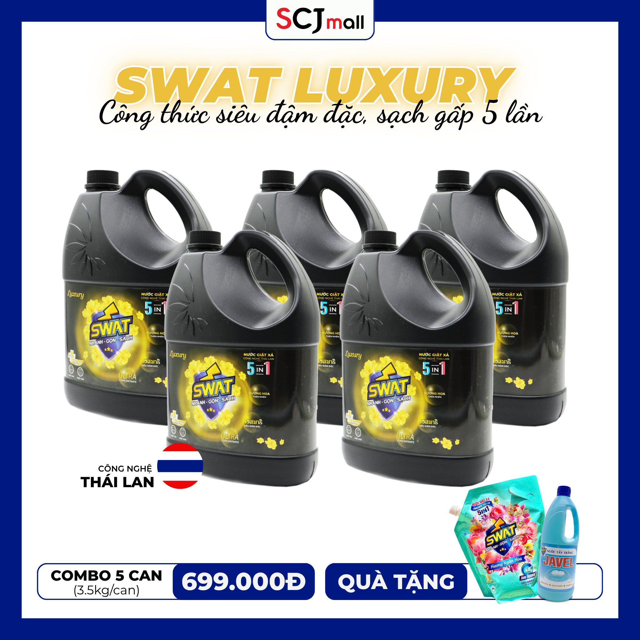 RC_Swat_5 can giặt xả Luxury 3,8kg + 1 túi nước giặt xả hương ngàn hoa 1,8kg + 1 chai nước tẩy trắng Javel 500ml