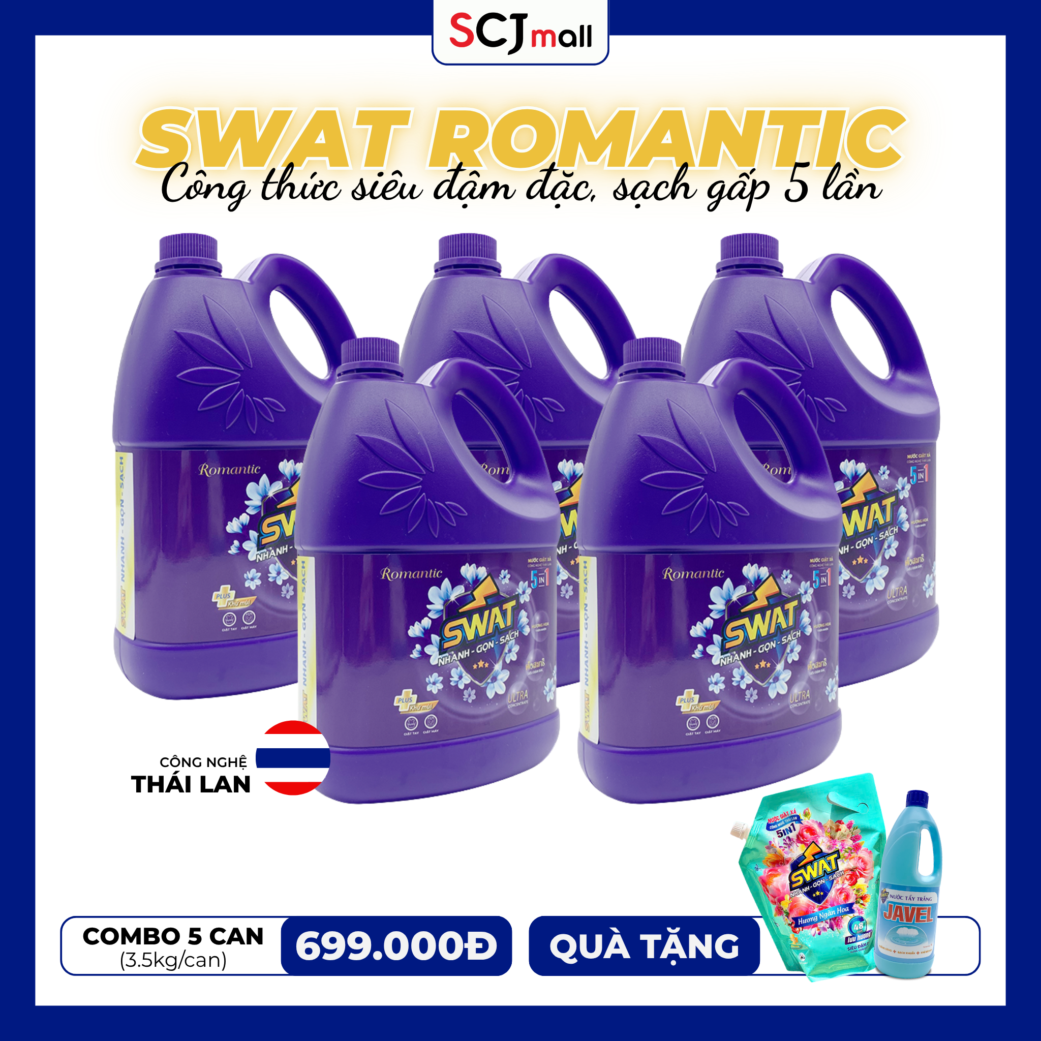 REC_Swat_5 can giặt xả Romantic 3,8kg + 1 túi nước giặt xả hương ngàn hoa 1,8kg + 1 chai nước tẩy trắng Javel 500ml