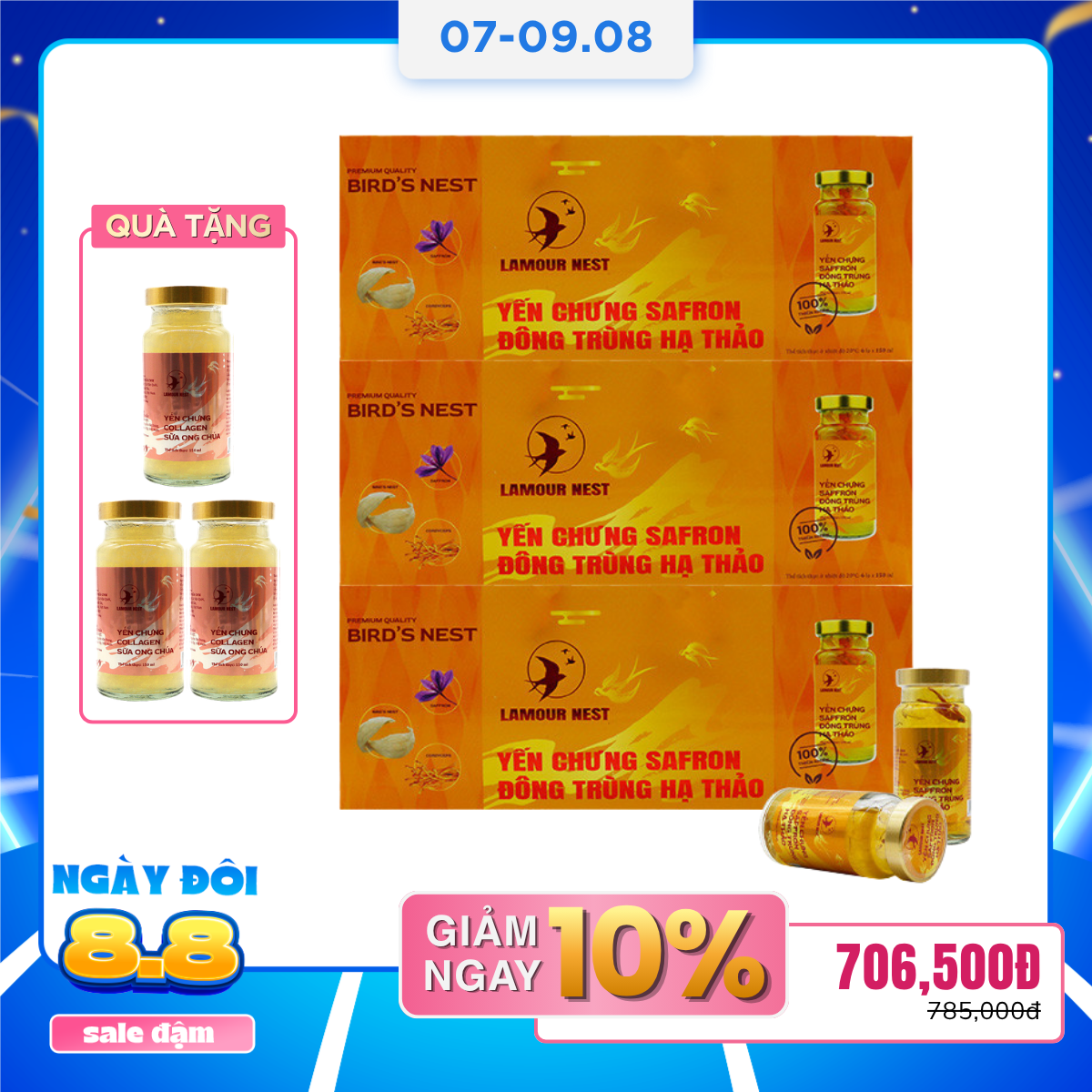 REC - Lamour Nest - Combo 3 hộp Yến chưng Saffron đông trùng hạ thảo (6 hũ/hộp, 150ml/hũ) tặng 3 hũ yến 150ml/hũ Yến chưng Collagen sữa ong chúa [new]